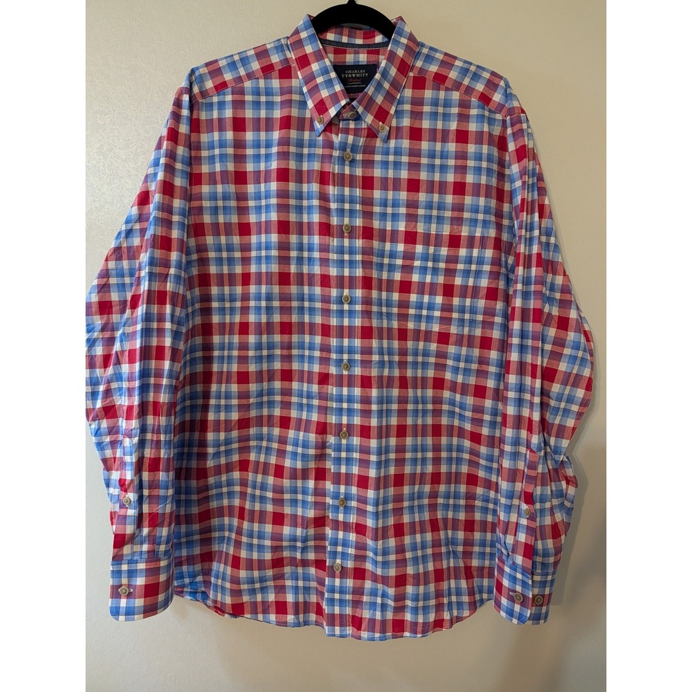 Charles Tyrwhitt Mens Classic‎ Fit Cotton Check Button Down Shirt Red Blue L